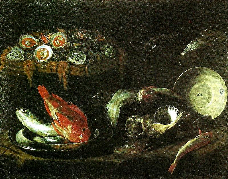 stilleben med fisk och ostron, Giovanni Battista Recco